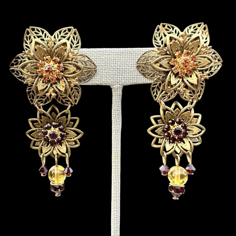 Vintage Filigree Floral Earrings Amber Glass Haskell Style Hollywood Regency
